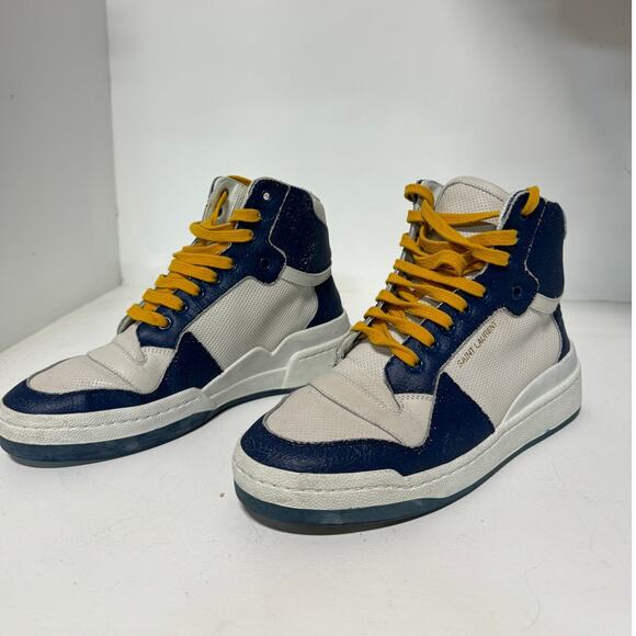 Saint Laurent Sl24 Colorblock Lace Up High Top Sneakers White/Navy Size 38 / 7.5 - Picture 2 of 11